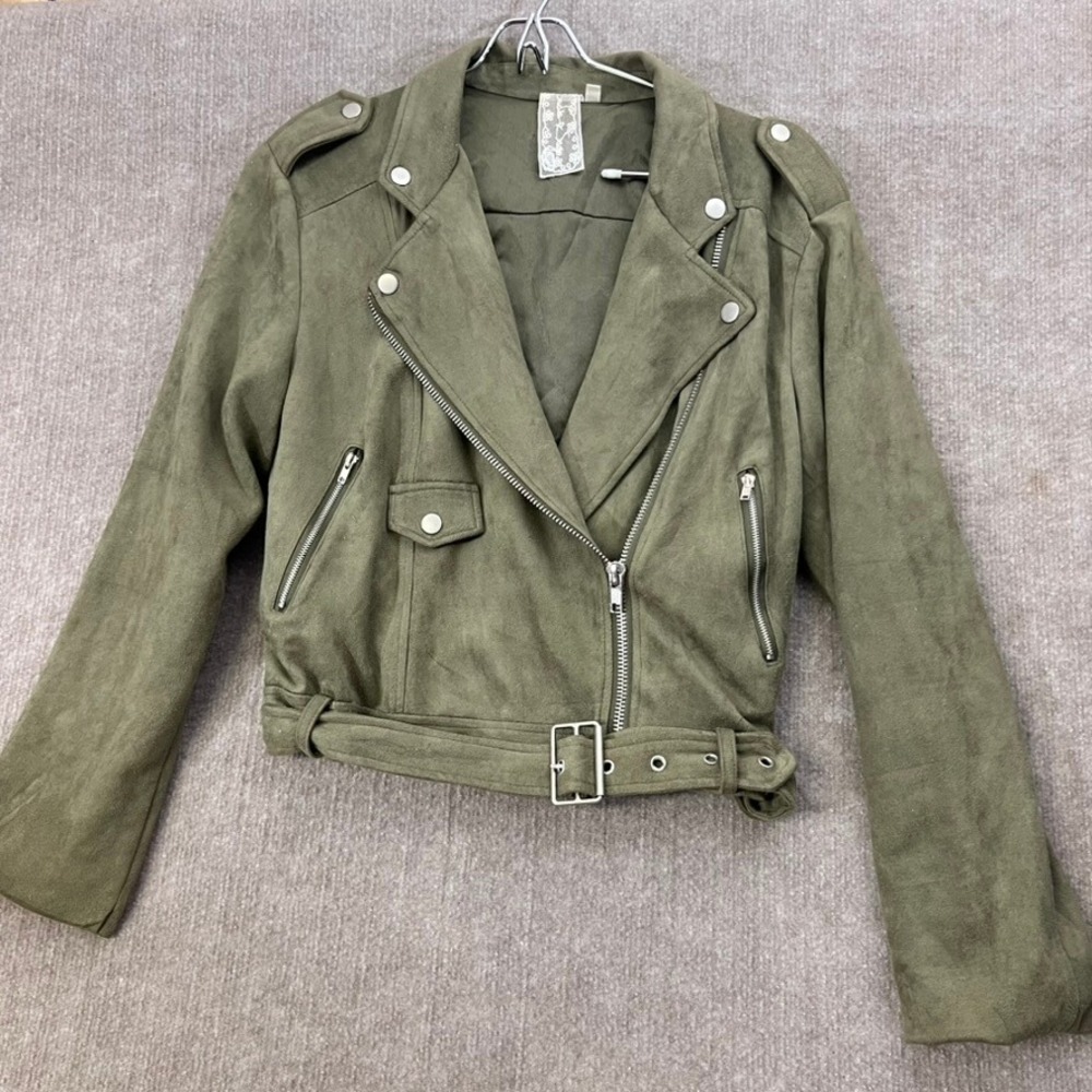 Sadie & Sage Women's Moto Jacket Medium Olive Green‎ Faux Suede Biker S